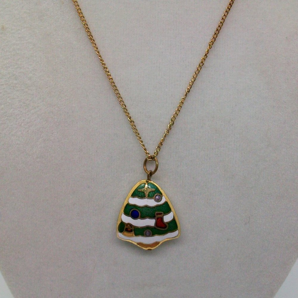 Vintage Enamel Green White Stripe Christmas Tree Charm Pendant Necklace 16.5"